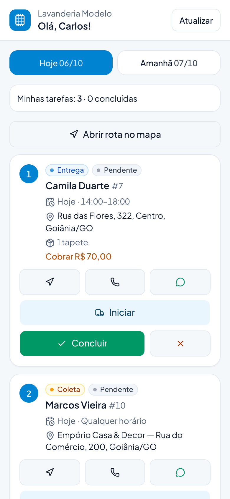 Portal do entregador no celular com as coletas e entregas do dia
