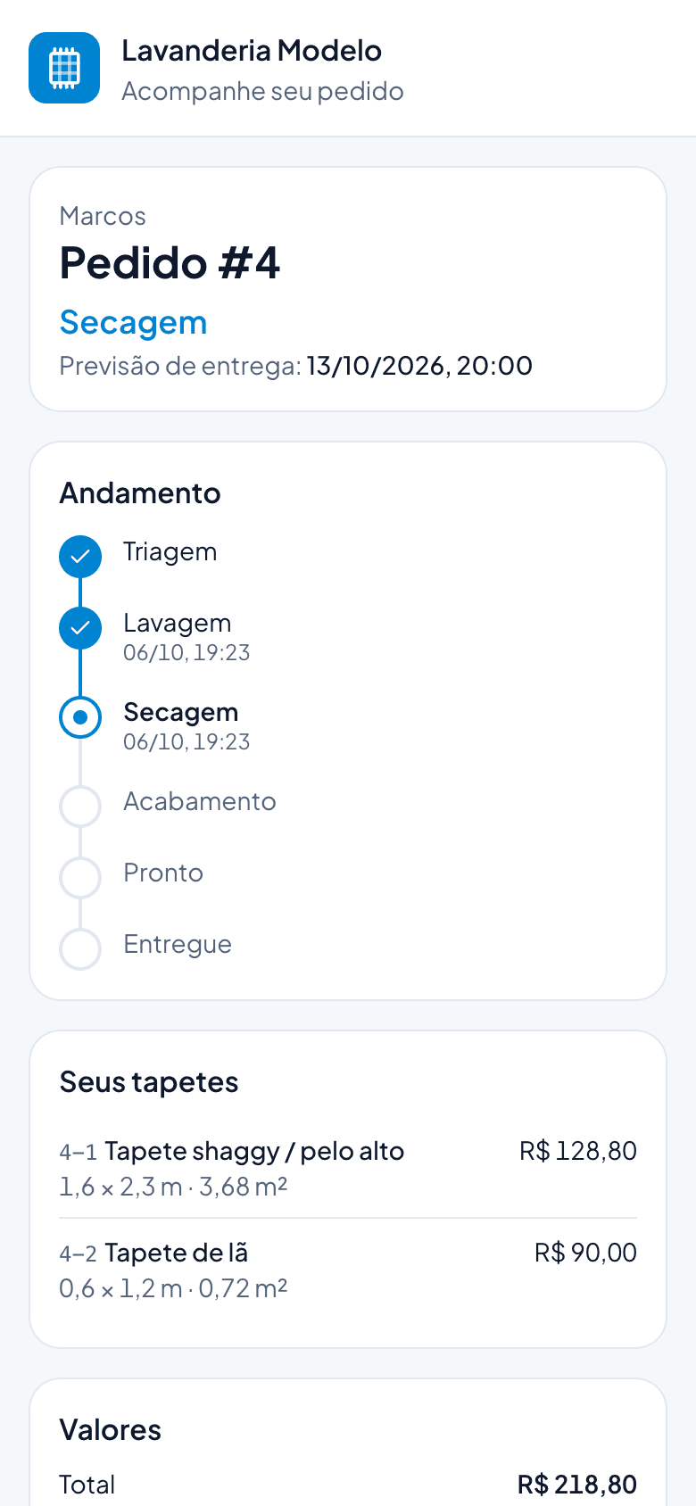 Página de acompanhamento do pedido aberta pelo cliente no celular
